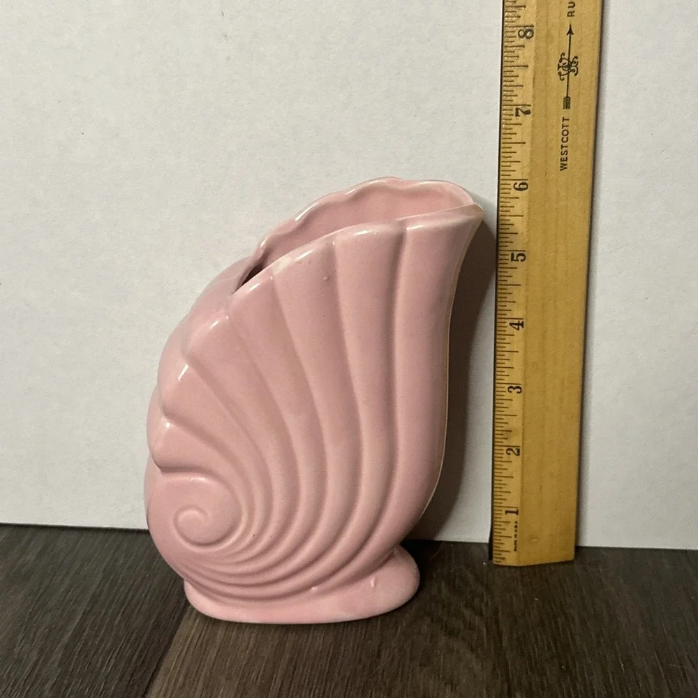 Vtg Pottery Vase Planter Pink Cornucopia Nautilus Shell MCM Art Deco USA